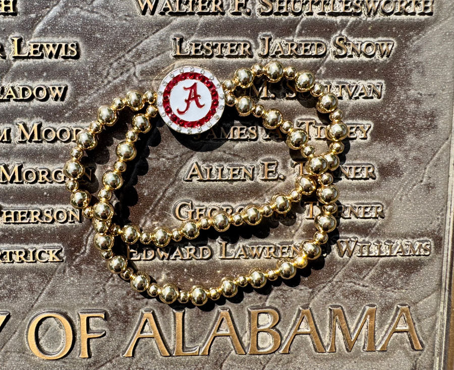 Alabama Crimson Script A Disc 2-Row Ball Bead Stretch Bracelet